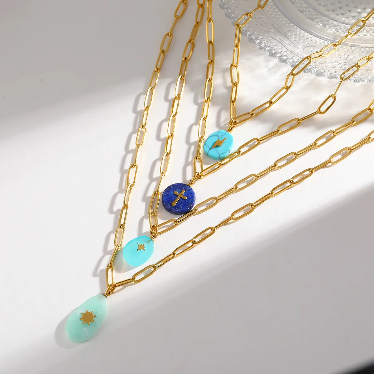 Cross Star 304 Stainless Steel Natural Stone 18K Gold Plated Plating Paperclip Chain Necklace