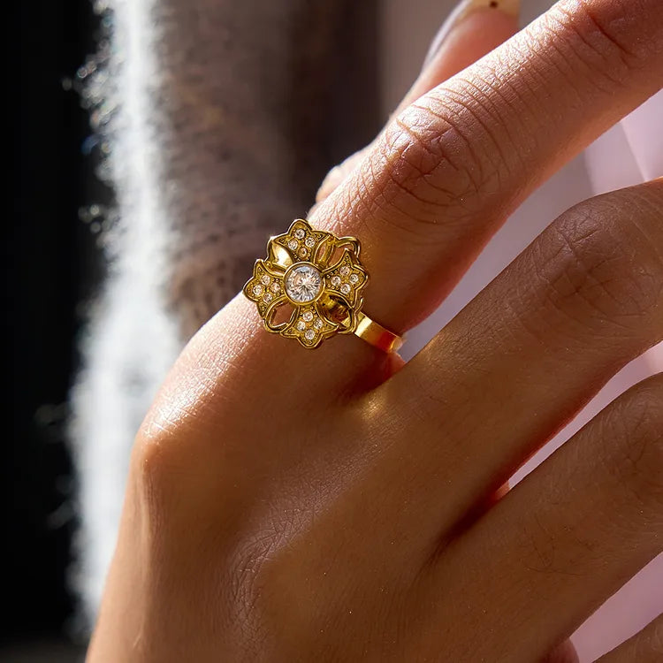 Rotatable Flower 18K Gold 304 Stainless Steel Plated Rhinestone Open Ring