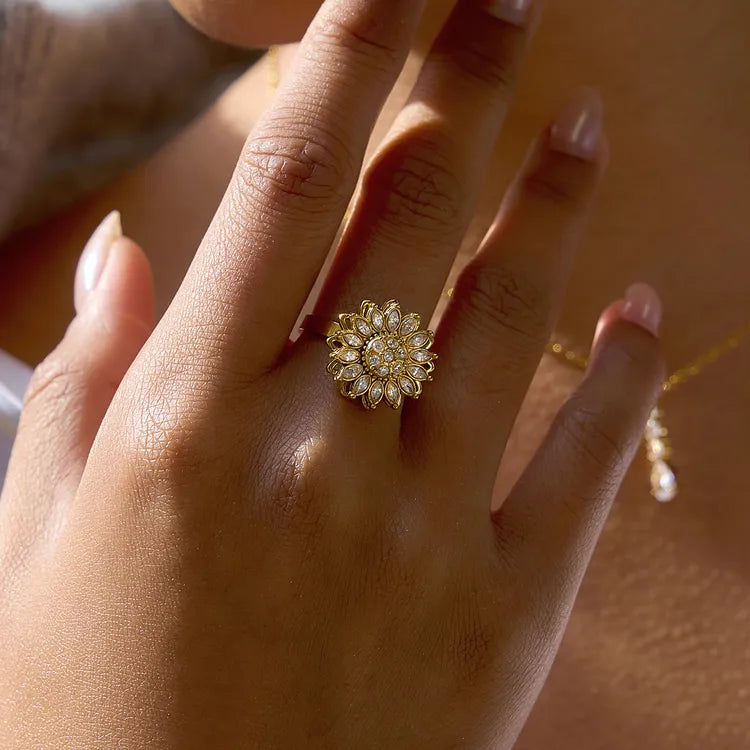 Rotatable Flower 18K Gold 304 Stainless Steel Plated Rhinestone Open Ring