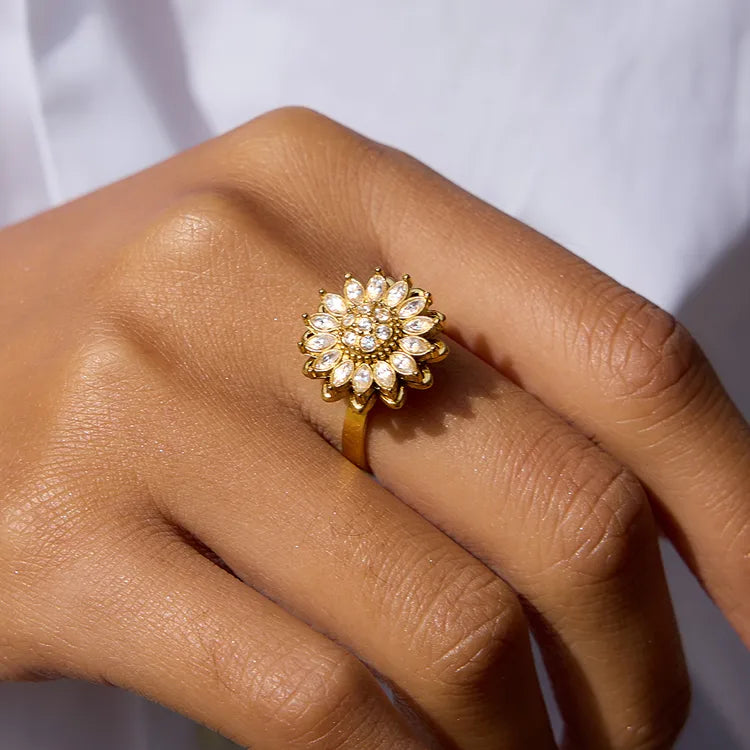 Rotatable Flower 18K Gold 304 Stainless Steel Plated Rhinestone Open Ring