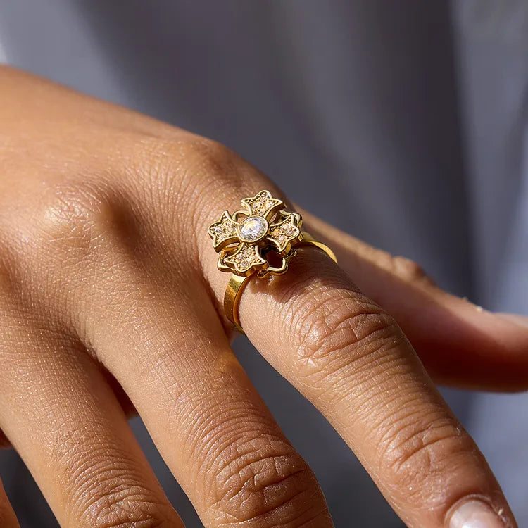 Rotatable Flower 18K Gold 304 Stainless Steel Plated Rhinestone Open Ring
