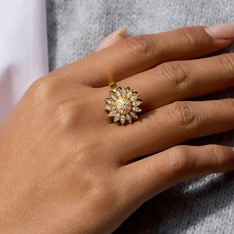 Rotatable Flower 18K Gold 304 Stainless Steel Plated Rhinestone Open Ring