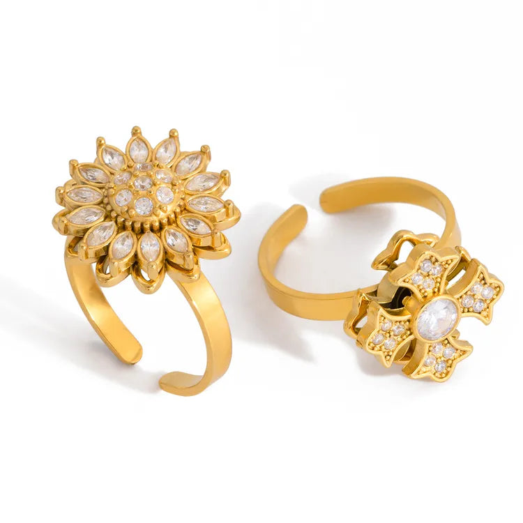 Rotatable Flower 18K Gold 304 Stainless Steel Plated Rhinestone Open Ring