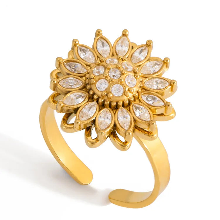Rotatable Flower 18K Gold 304 Stainless Steel Plated Rhinestone Open Ring