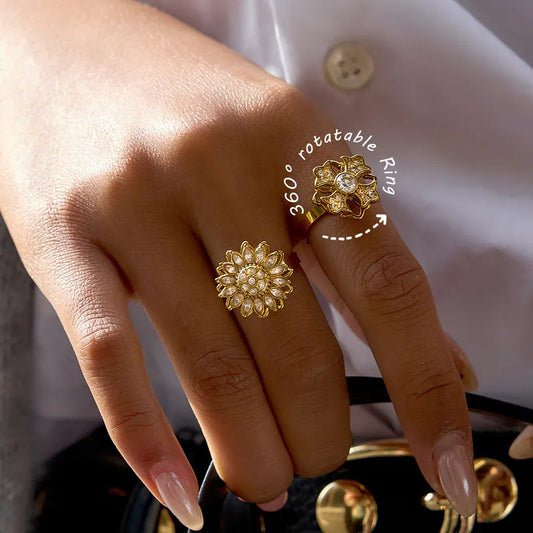 Rotatable Flower 18K Gold 304 Stainless Steel Plated Rhinestone Open Ring