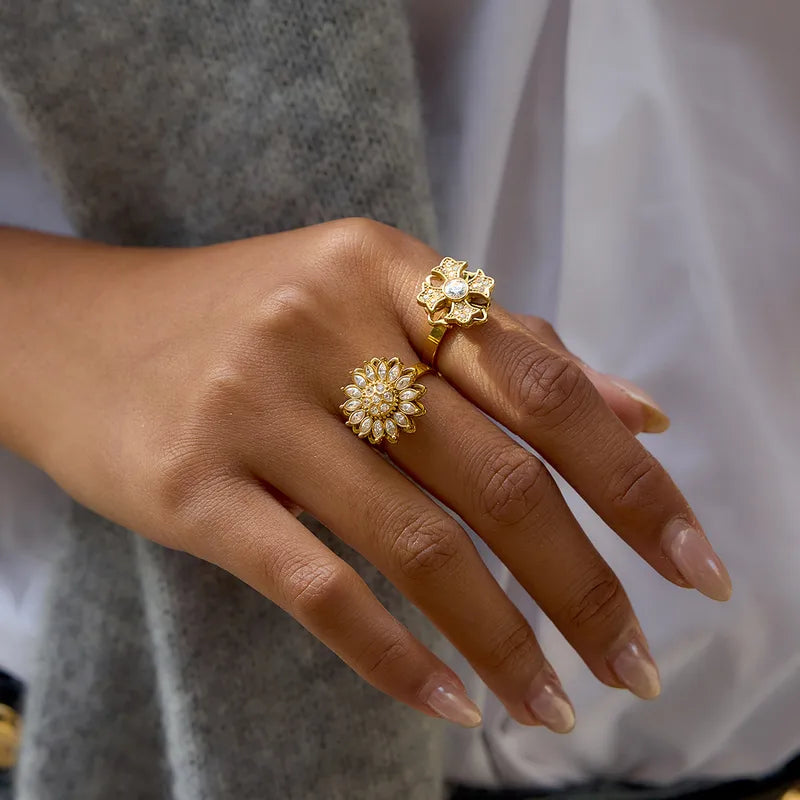 Rotatable Flower 18K Gold 304 Stainless Steel Plated Rhinestone Open Ring