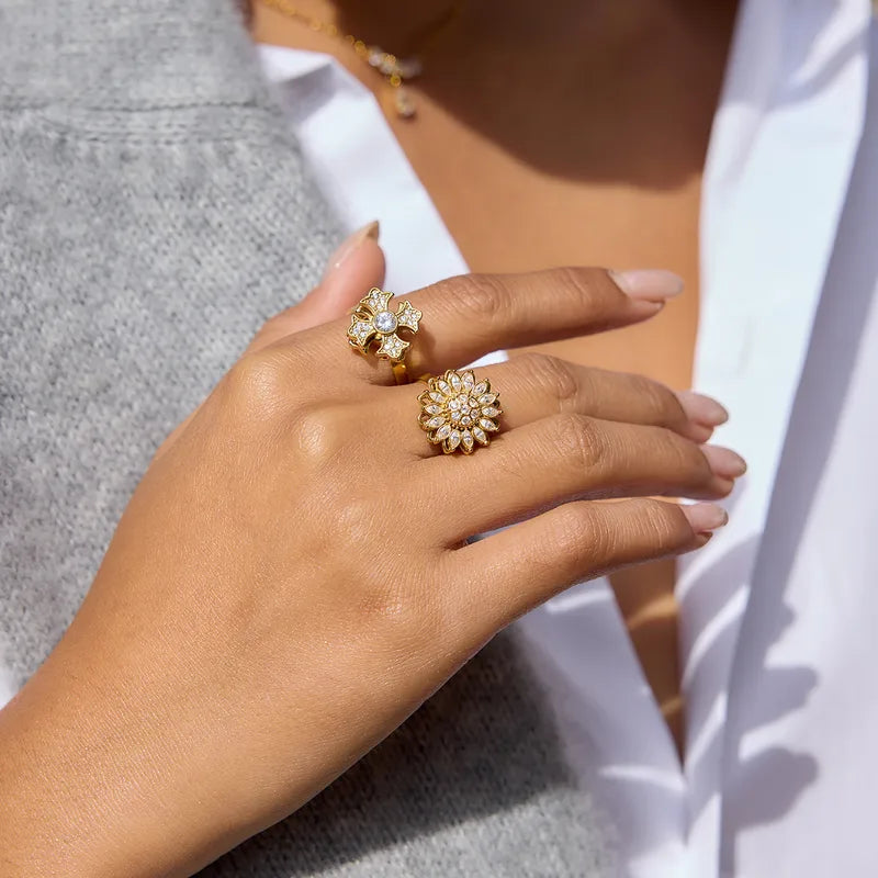Rotatable Flower 18K Gold 304 Stainless Steel Plated Rhinestone Open Ring