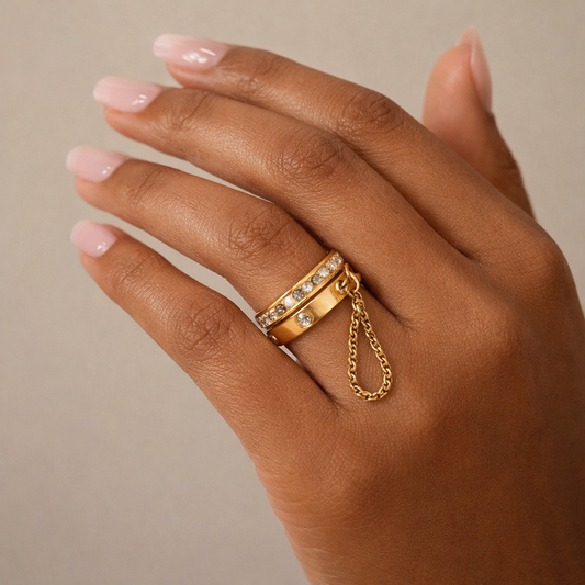 Diamond Chain Double Finger 304 Stainless Steel 18K Gold Plated Ring