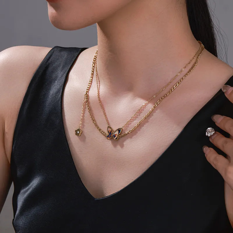 Butterfly and Flower Double Layer 18K Gold Plated and S.Steel Pendant Necklace