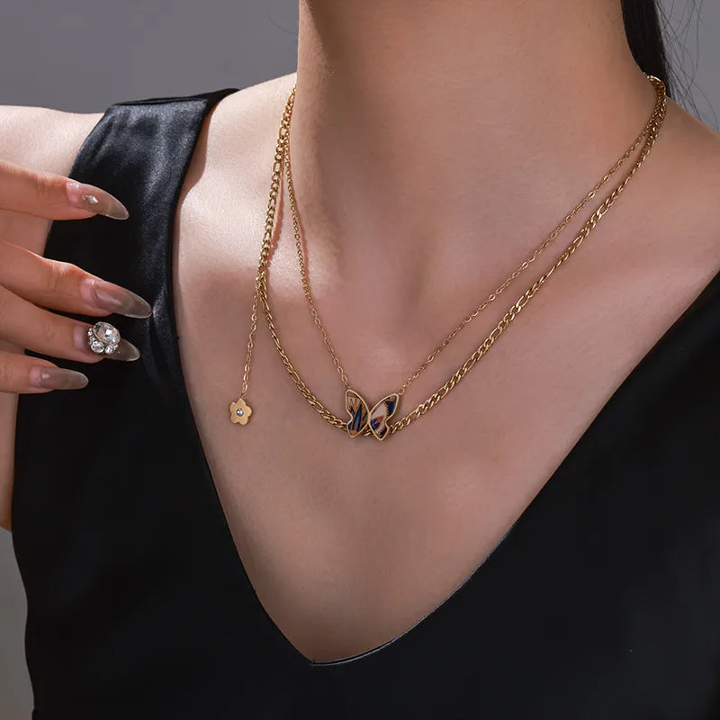 Butterfly and Flower Double Layer 18K Gold Plated and S.Steel Pendant Necklace