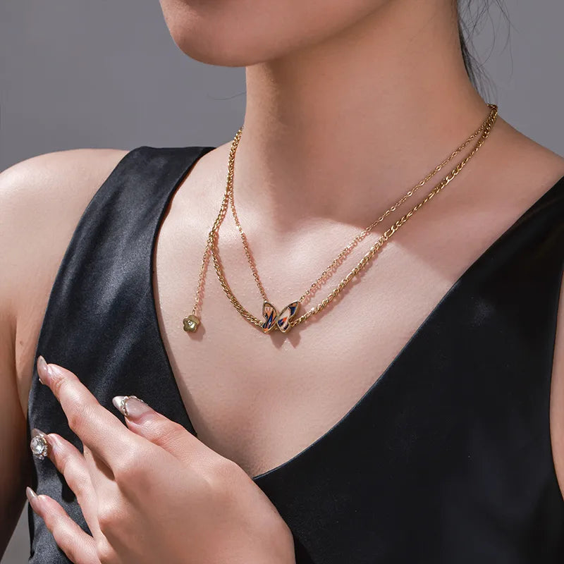 Butterfly and Flower Double Layer 18K Gold Plated and S.Steel Pendant Necklace