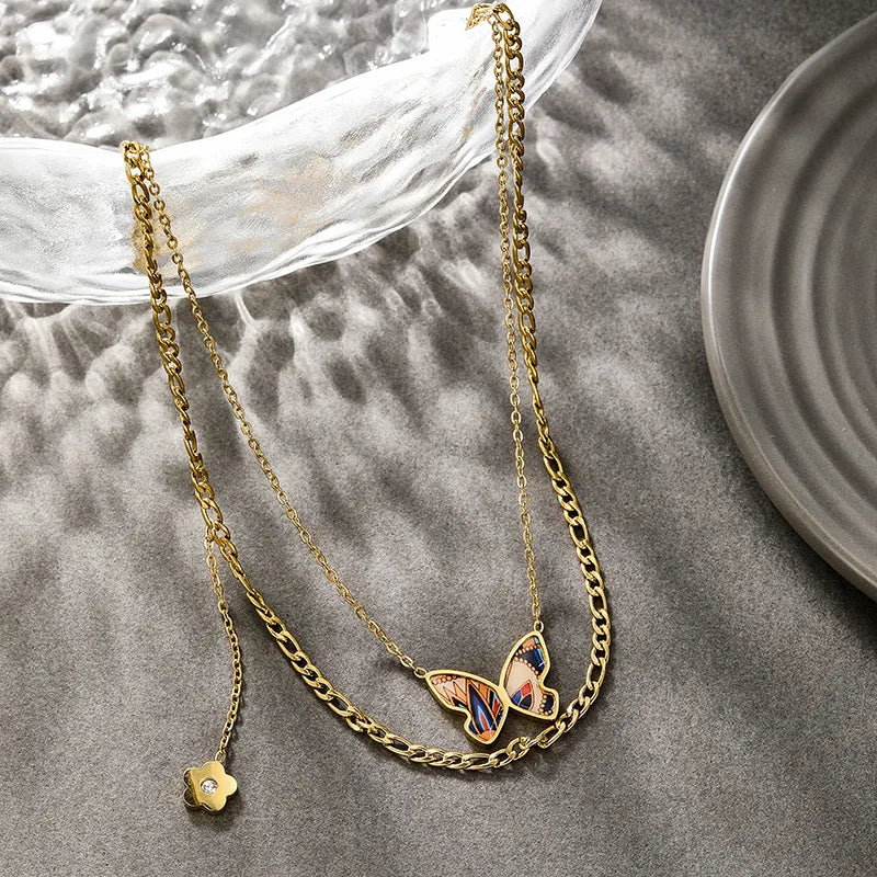 Butterfly and Flower Double Layer 18K Gold Plated and S.Steel Pendant Necklace