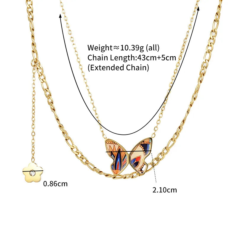Butterfly and Flower Double Layer 18K Gold Plated and S.Steel Pendant Necklace