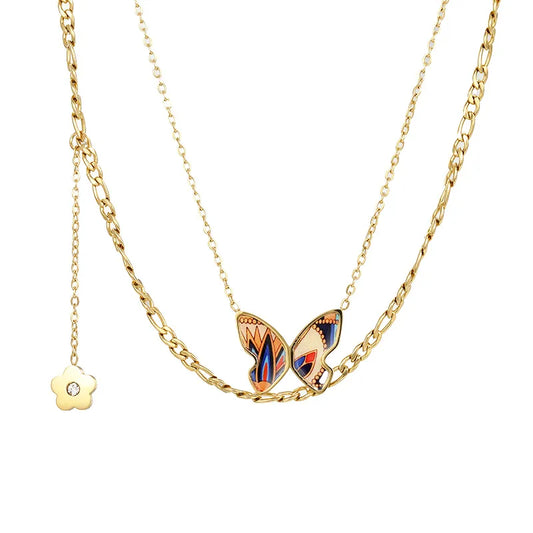 Butterfly and Flower Double Layer 18K Gold Plated and S.Steel Pendant Necklace