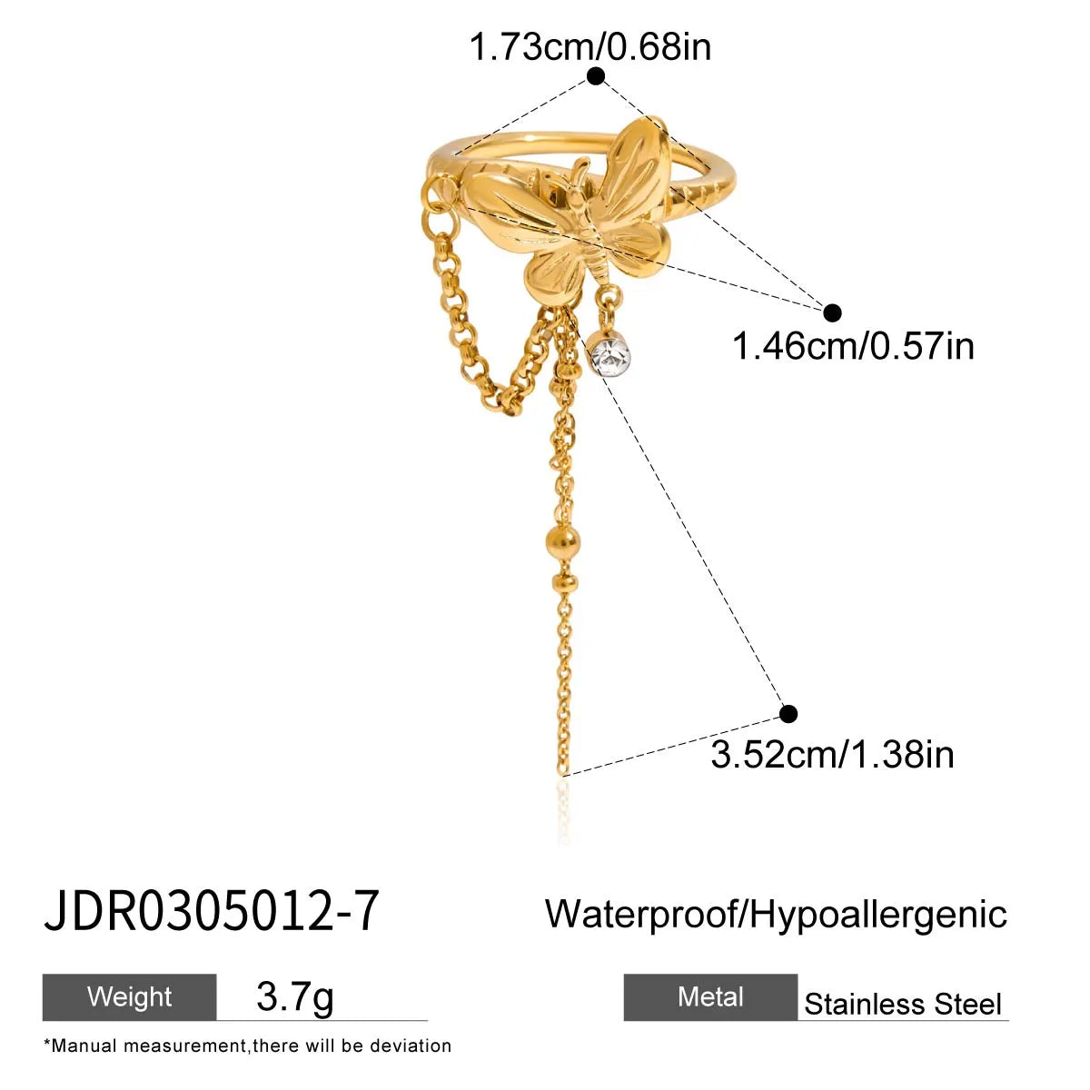 Work Butterfly 18K Gold Plated 304 Stainless Steel Zircon Tassel Ring