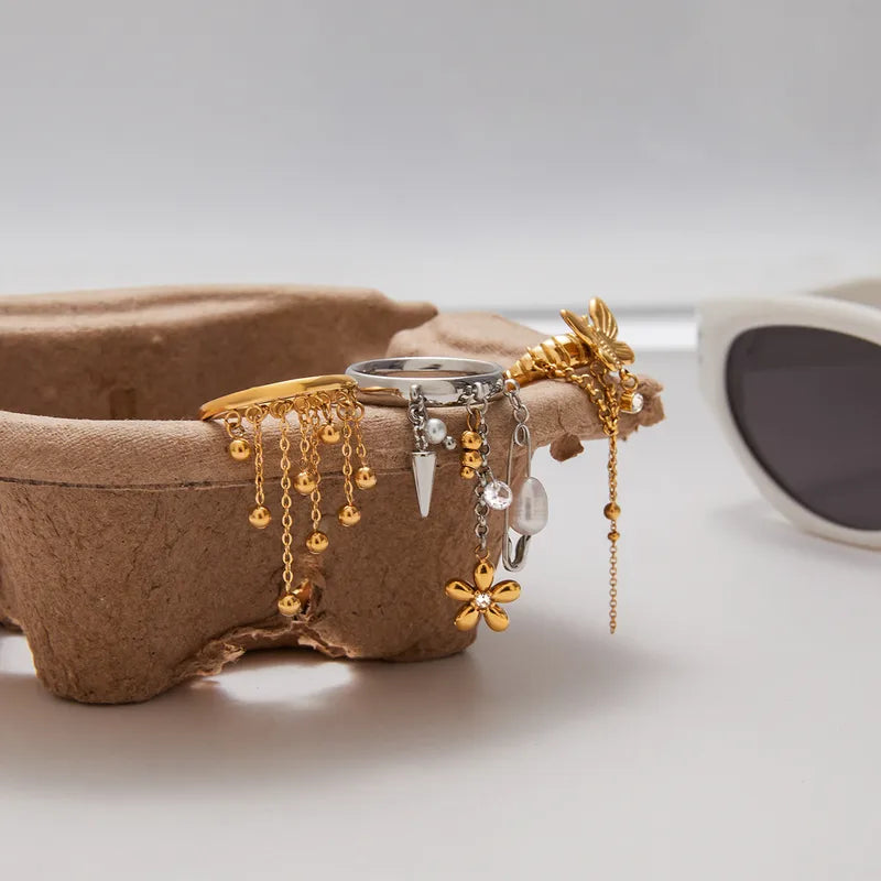 Work Butterfly 18K Gold Plated 304 Stainless Steel Zircon Tassel Ring