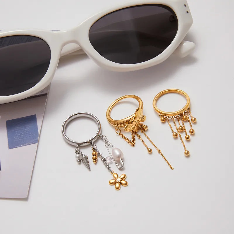 Work Butterfly 18K Gold Plated 304 Stainless Steel Zircon Tassel Ring