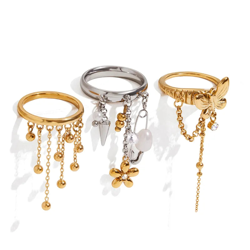 Work Butterfly 18K Gold Plated 304 Stainless Steel Zircon Tassel Ring