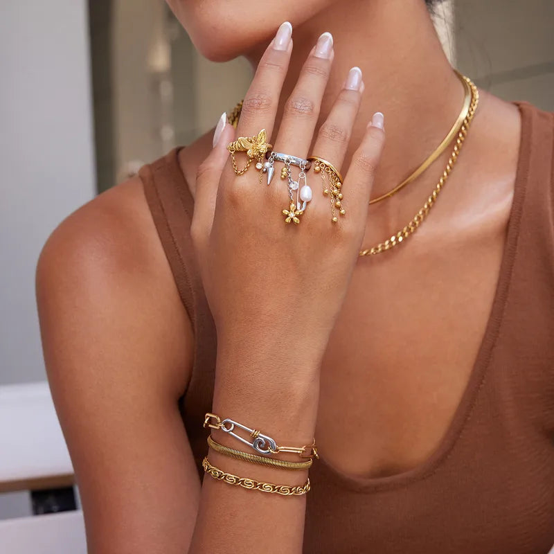 Work Butterfly 18K Gold Plated 304 Stainless Steel Zircon Tassel Ring