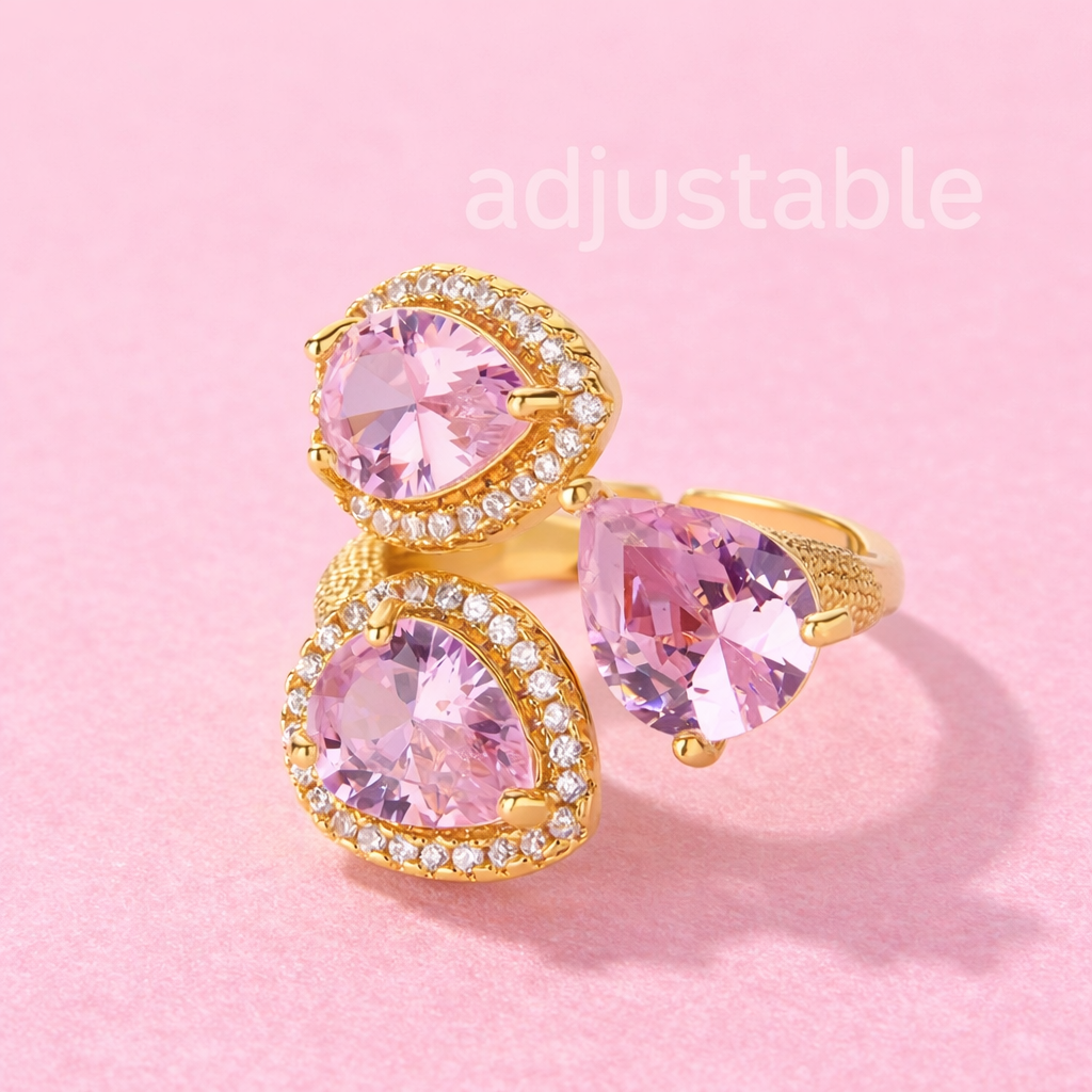 Pretty Pink Drop Zirconia 18K Gold Plated 304 Stainless Steel Ring