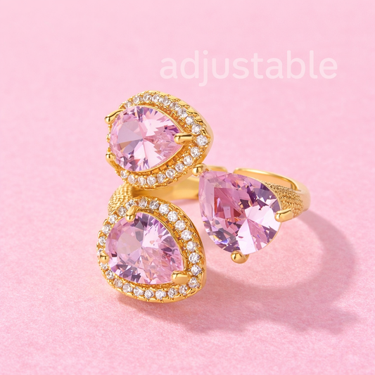Pretty Pink Drop Zirconia 18K Gold Plated 304 Stainless Steel Ring