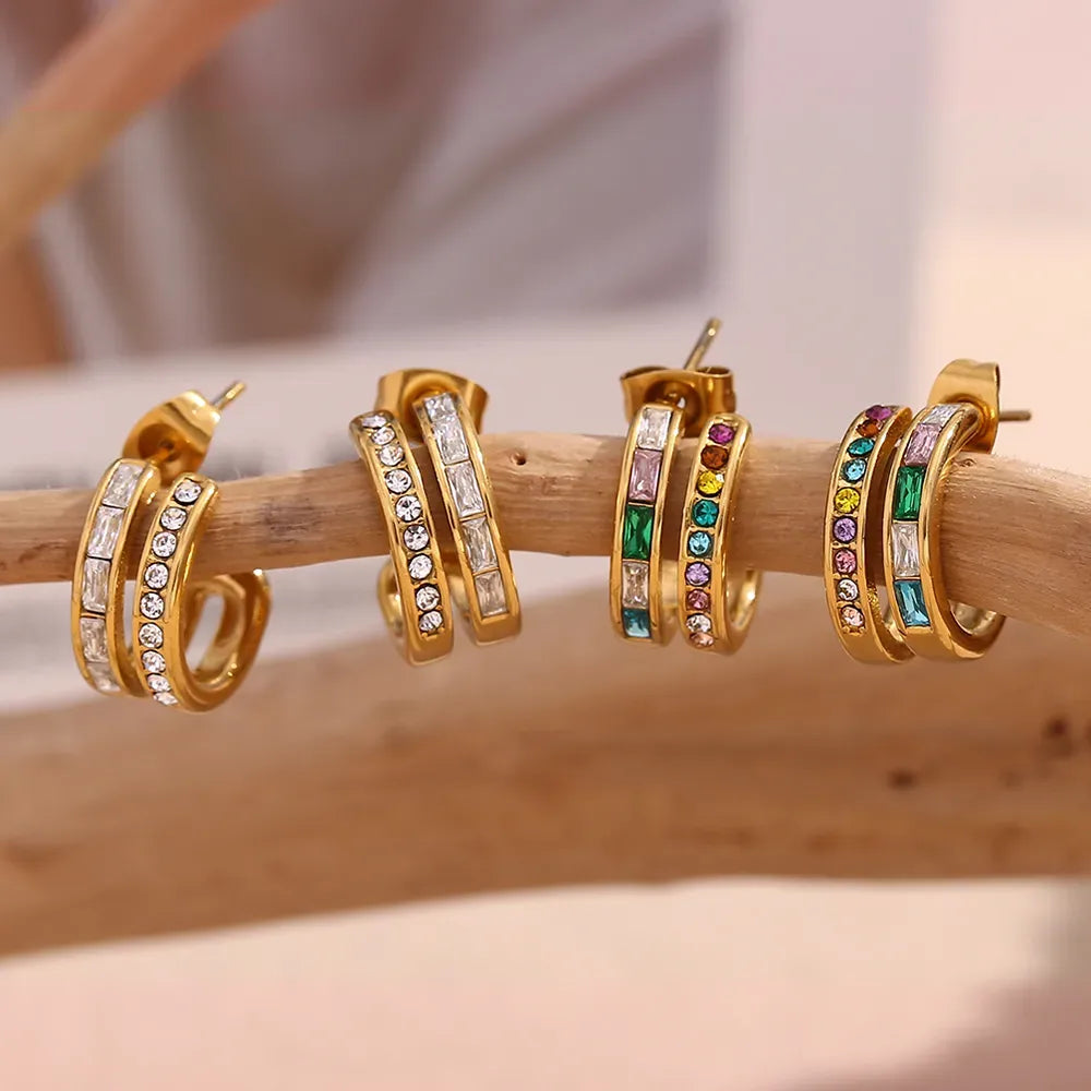 Double Layer C-Shape Earrings Plated 18K Gold Embedded Colored Zirconia Stainless Steel Stud Earring