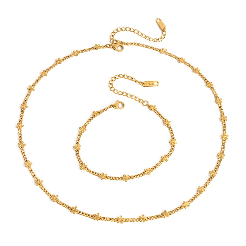 Flowers Studded 18K Gold Plated 304 Stainless Steel Necklace Set