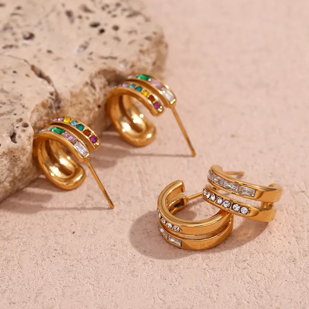 Double Layer C-Shape Earrings Plated 18K Gold Embedded Colored Zirconia Stainless Steel Stud Earring
