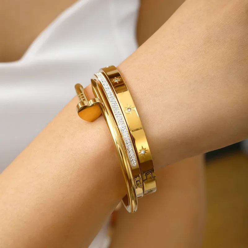 Elegant Luxury 304 Stainless Steel 18K Gold Plated Zirconia Ladies Bracelet Set