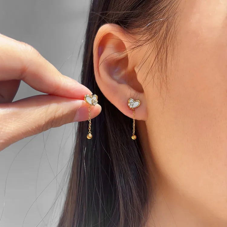 18K Gold Zircon Heart-Shaped 304 Stainless Steel Ocean Style Earrings