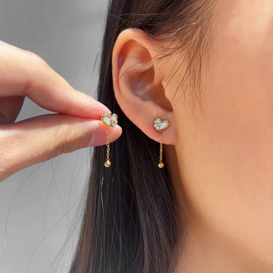 18K Gold Zircon Heart-Shaped 304 Stainless Steel Ocean Style Earrings