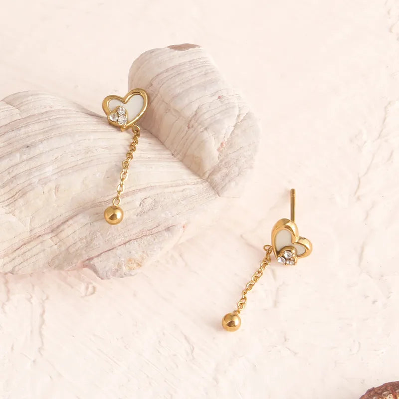 18K Gold Zircon Heart-Shaped 304 Stainless Steel Ocean Style Earrings