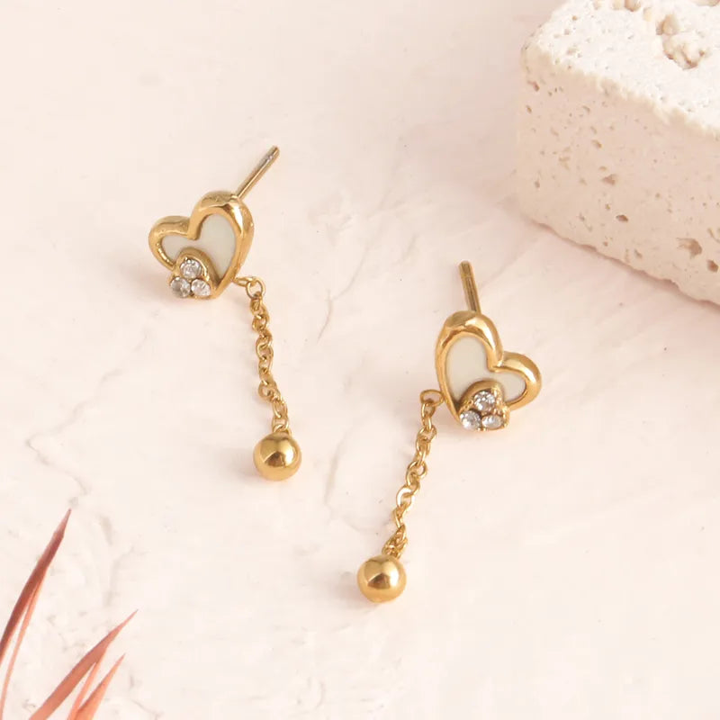 18K Gold Zircon Heart-Shaped 304 Stainless Steel Ocean Style Earrings