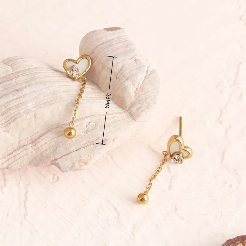 18K Gold Zircon Heart-Shaped 304 Stainless Steel Ocean Style Earrings