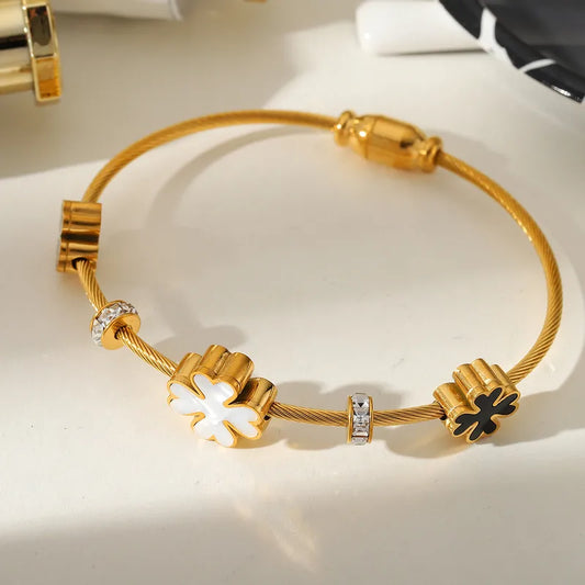 Four Leaf Clover 304 Stainless Steel 18K Gold Plated Acrylic Bangle