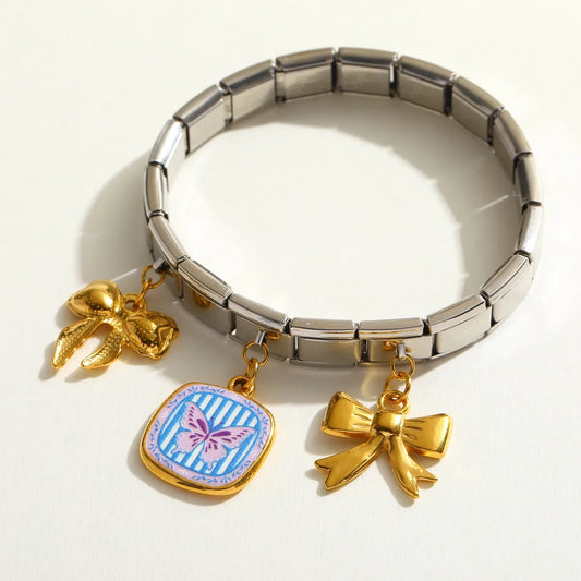 Versatile 18K Gold Plated Stainless Steel Zircon Butterfly Bow Pendant Bracelet