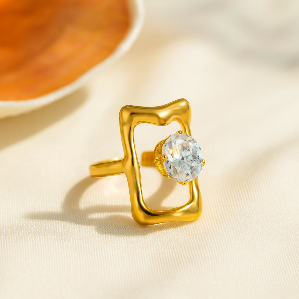 Elegant French Style Plated 18K Gold Gold Plated Oval 304 Stainless Steel Adjustable Ring