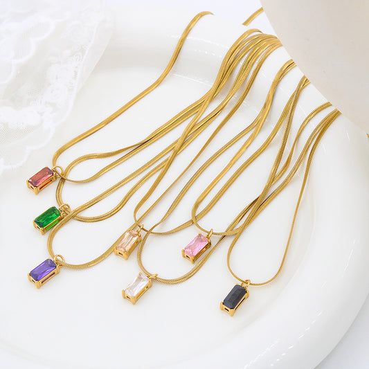 Diamond Rectangular 304 Stainless Steel Zircon 18K Gold Plated Plating Stainless Steel Necklace