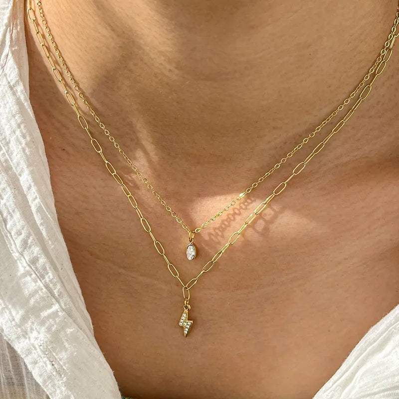 Luxurious 16K Gold Plated Stainless Steel Zirconia Lightning Pendant Necklace