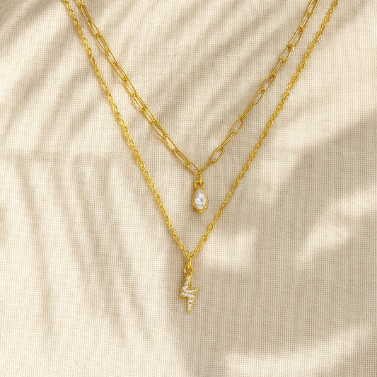 Luxurious 16K Gold Plated Stainless Steel Zirconia Lightning Pendant Necklace