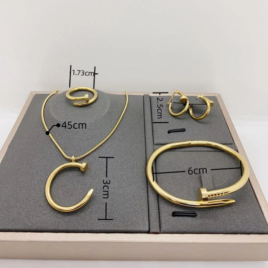 Nail Head Hip-Hop Vintage Style Solid Color 304 Stainless Steel Zircon 18K Gold Plated Inlay Bracelets Necklace Jewelry Set