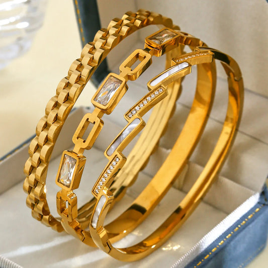 Elegant Stainless Steel 18K Gold Plated Geometric Zirconia Ladies Bracelet