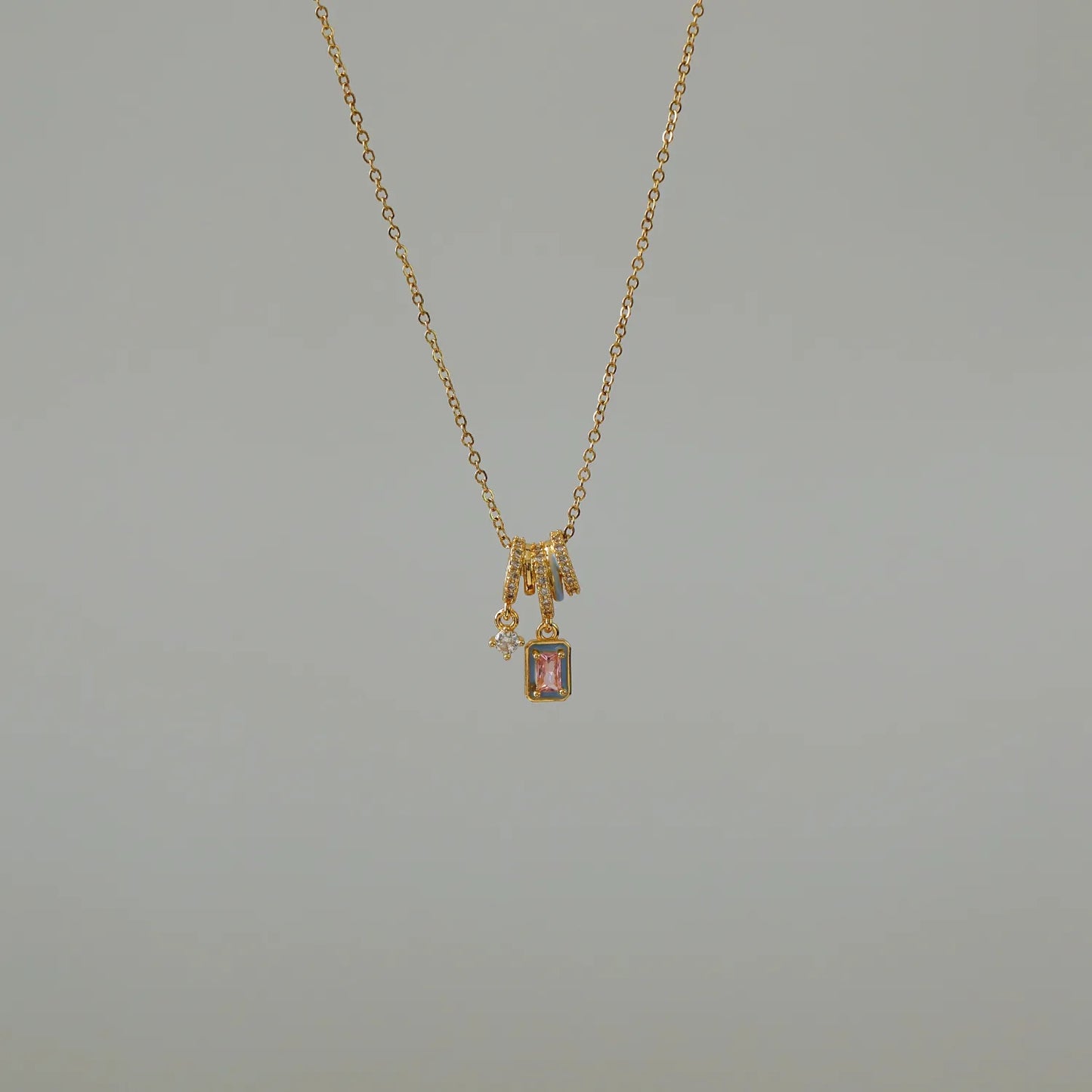 Pink Twinkle Square 18K Gold Plated 304 Stainless Steel Necklace
