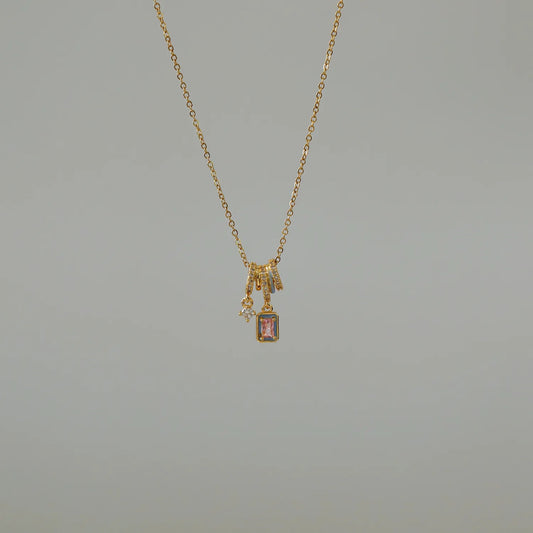 Pink Twinkle Square 18K Gold Plated 304 Stainless Steel Necklace