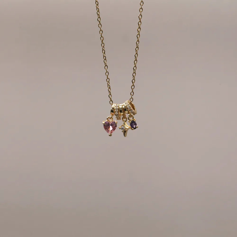 Golden Trio Star , Diamond Gemstone 18K Gold Plated and 304 Stainless Steel Charm Necklace