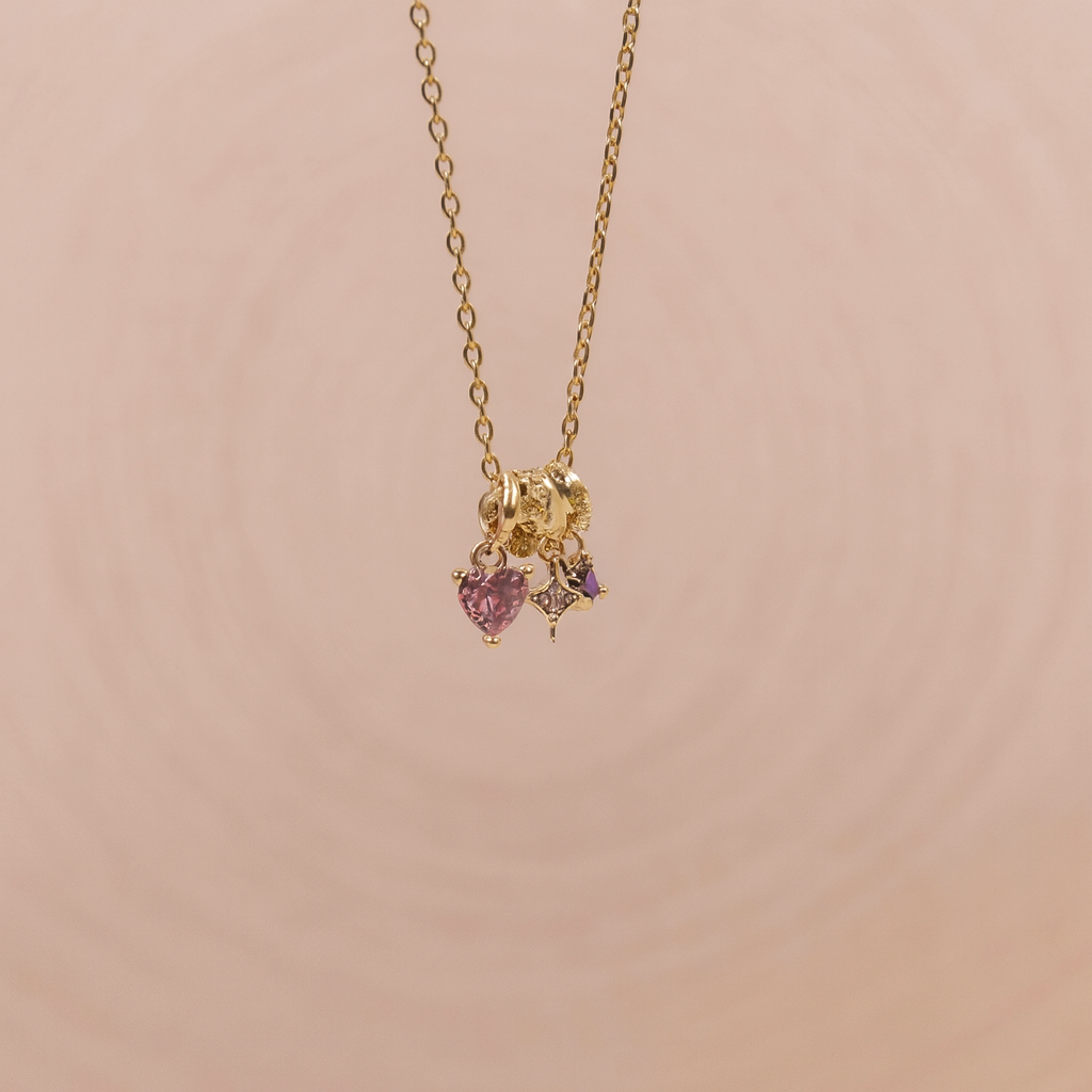 Golden Trio Star , Diamond Gemstone 18K Gold Plated and 304 Stainless Steel Charm Necklace