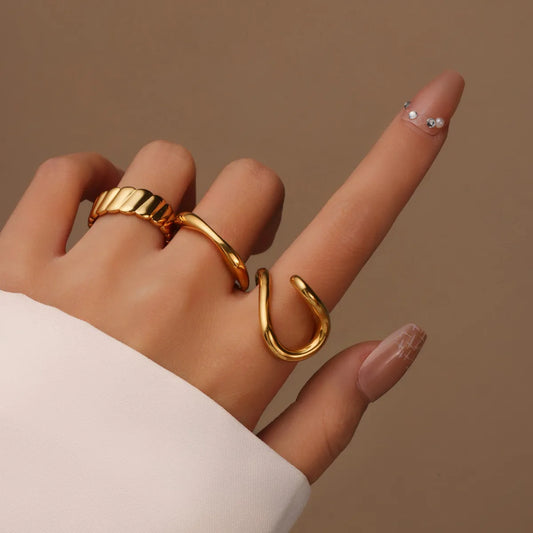 Three Piece Set Irregular Wave Line 18K Gold Plated Stainless Steel Unique Ring Set