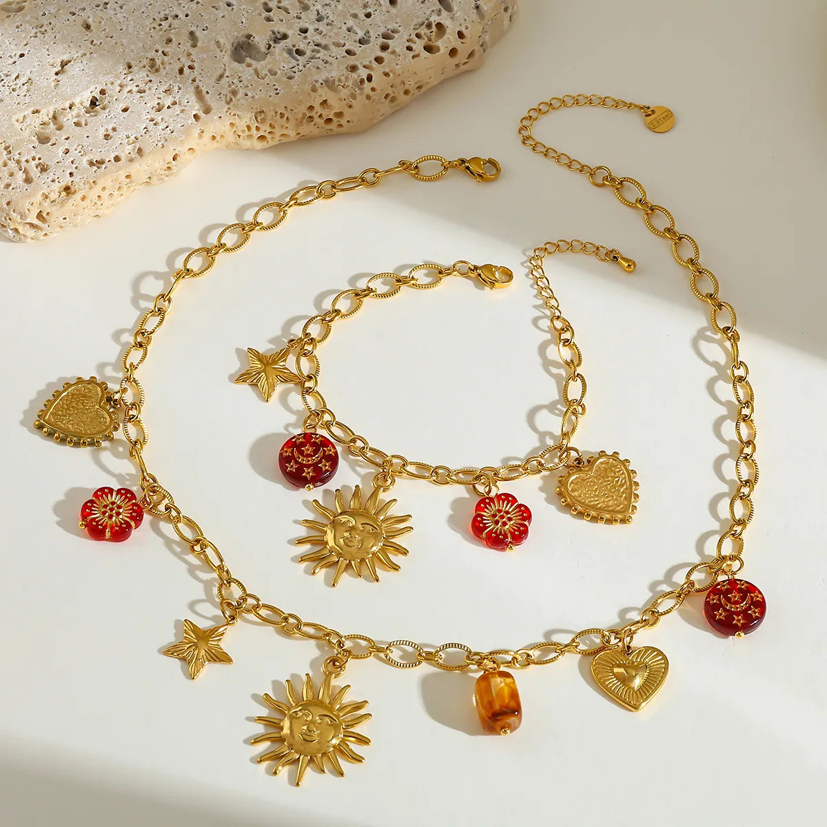 Sun Heart Flower 18K Gold Plated Stainless Steel Charm Necklace and Bracelet Set
