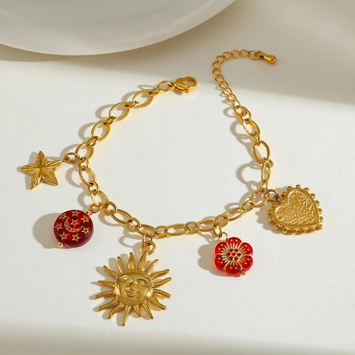 Sun Heart Flower 18K Gold Plated Stainless Steel Charm Necklace and Bracelet Set