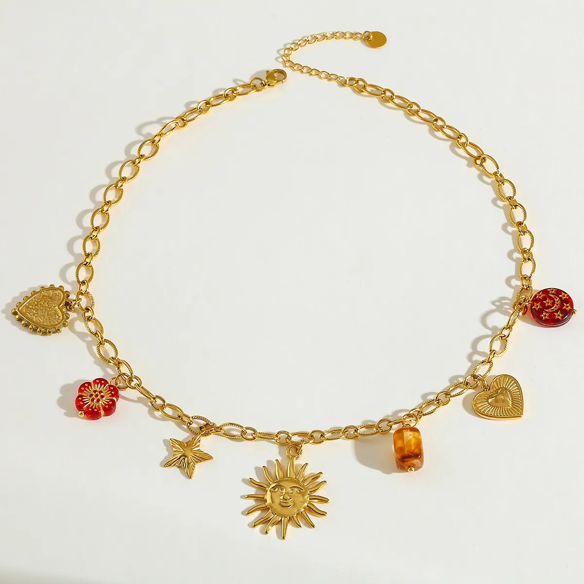 Sun Heart Flower 18K Gold Plated Stainless Steel Charm Necklace and Bracelet Set